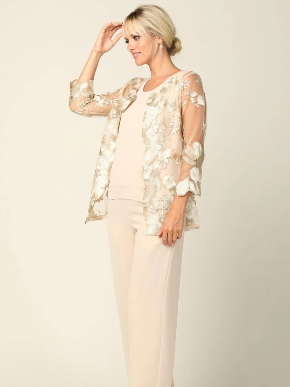 Tan Champagne Long Formal Mother of the Bride Pant Set Size Medium